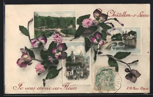 AK Chatillon-s-Seine, Je vous envoie ces Fleurs, Montage mit Postkartenmotiven und Blumen