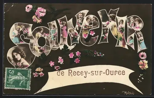 AK Recey-sur-Ource, Souvenir, Menschen im Schriftzug, Rosen