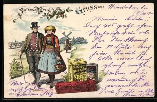 Lithographie Seelig`s Korn-Kaffee, Kaffee-Essenz und Stern-Kaffee, Frau und Mann in Vierländer Tracht