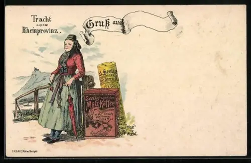 AK Tracht aus der Rheinproviz, Reklame für Malz-Kaffee Seelig