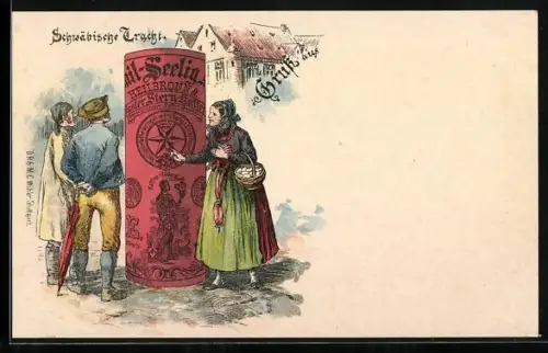 Lithographie Heilbronn, Schwäbische Tracht, Reklame für Stern-Kaffee Seelig