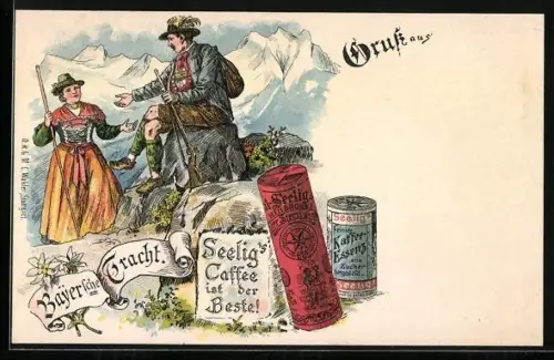 AK Gruss aus den Bergen, Paar in Bayerischen Trachten, Seelig's Kaffee-Reklame