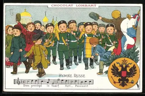 AK Kleine Soldaten mit Instrumenten, Russische Hymne, Reklame für Chocolat Lombart