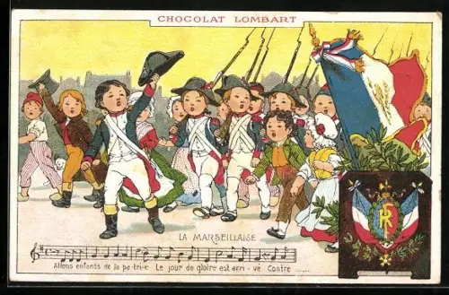 AK Kleine Soldaten mit Gewehren, Marseillaise, Reklame für Chocolat Lombart