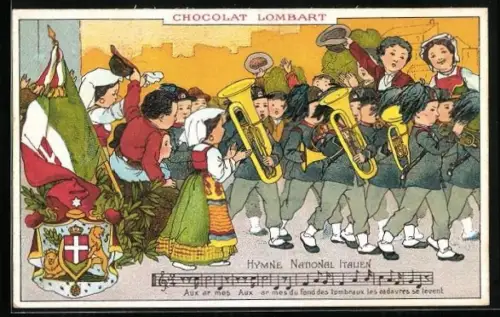 AK Kleine Soldaten mit Instrumenten, Italienische Nationalhymne, Reklame für Chocolat Lombart