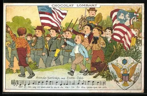 AK Kleine Soldaten mit Flaggen, Amerikanische Nationalhymne, Reklame für Chocolat Lombart