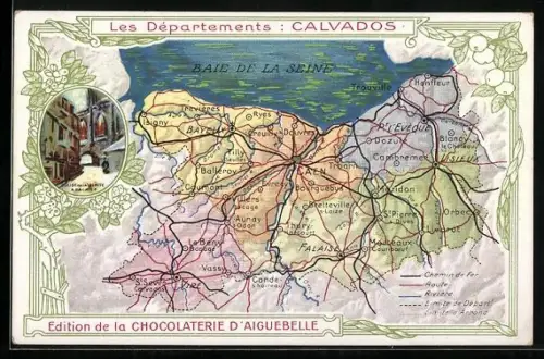 Künstler-AK Caen, Eglise de la Trinite à Falaise, Landkarte mit Bayeux u. Ryes, Reklame für Chocolaterie d`Aiguebelle