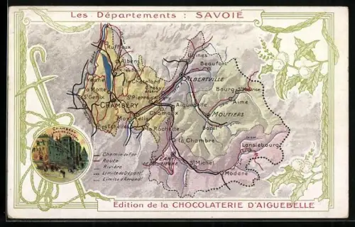 Künstler-AK Moutiers, Chambery Ancien Chateau, Landkarte mit Albertville, Reklame für Chocolaterie d`Aiguebelle