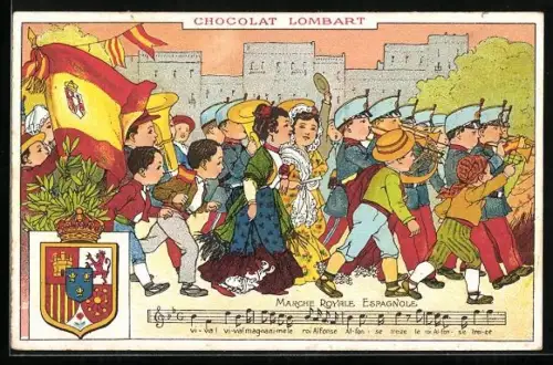 AK Soldaten mit Instrumenten, Marche Royale Espagnole, Reklame für Chocolat Lombart