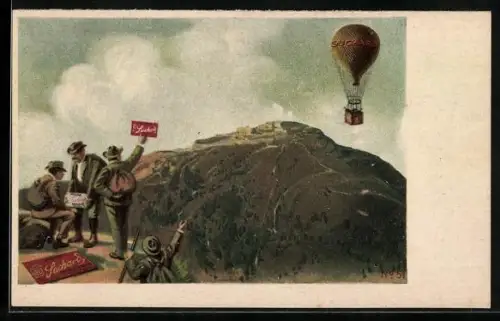 AK Wanderer winken Ballon, Reklame für Kakao-Suchard