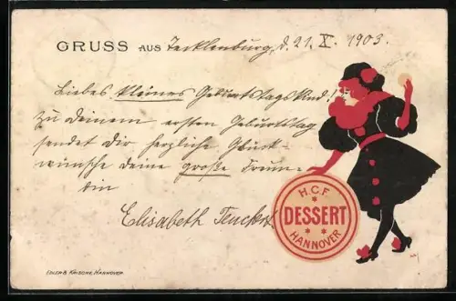 Lithographie Hannover, Frau mit Keksen, Reklame für H. C. F. Dessert Hannover