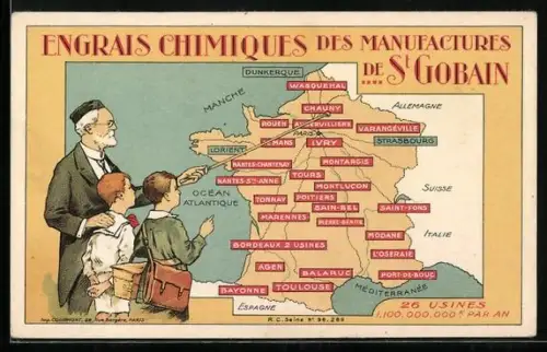 Künstler-AK Ivry, Engrais Chimiques des Manufactures de St. Gobain, Lehrer zeigt auf Landkarte mit Tours und Toulouse