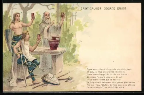 Lithographie Saint-Galmier, Source Badoit, Männer mit Bechern, Reklame für Mineralwasser