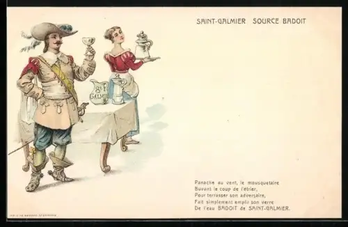 Künstler-AK Reklame für Tafelwasser Saint-Galmier Source Badiot, Edelmann bekommt St. Galmier serviert