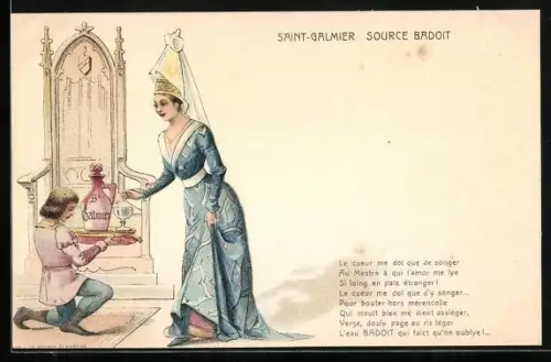 Lithographie Reklame für Mineralwasser Saint-Galmier Sourde Badoit, Diener kniet vor einem adligen Fräulein