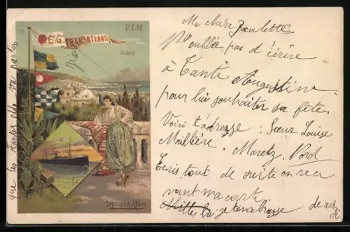 Lithographie Alger, Cie Gle Transatlantique, Frau in Tracht, Schiff, Tourismus