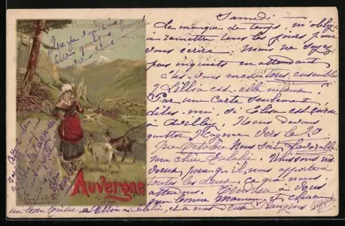 Lithographie Auvergne, Chemins de fer d`Orléans et P. L. M., Hirtin mit Ziegen, Tourismus