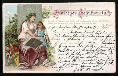 AK Deutscher Schulverein Nr. 3: Frau und Mädchen mit einem Buch