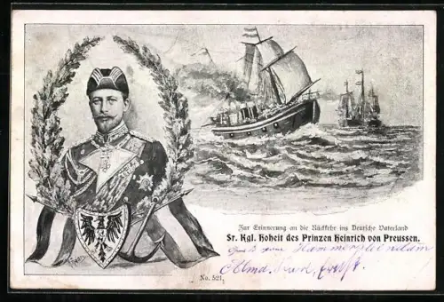 AK Portraot Prinz Heinrich von Preussen und Segelschiffe im Kampf