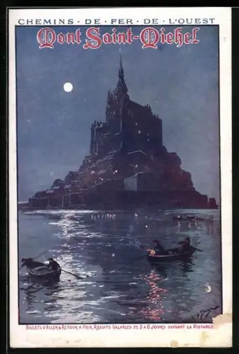 Künstler-AK Mont Saint-Michel, Fischer vor der Insel im Mondenschein