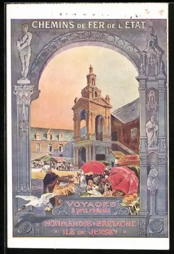 Künstler-AK Chemins de Fer de l`Ouest, Ile de Jersey, Stadtszene, Tourismus