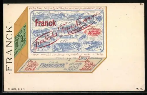 Künstler-AK Ludwigsburg, Fabriken in New-York, Milan und Pardubice, Reklame für Franck-Kaffee-Zusatz
