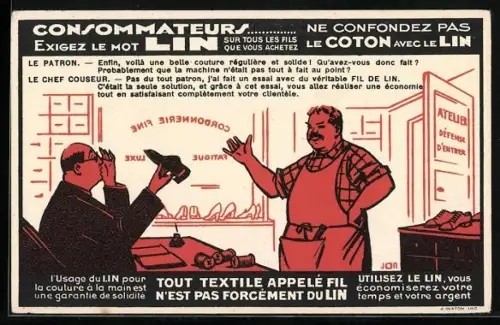 Künstler-AK Mann beim Schuster, Reklame für Lin