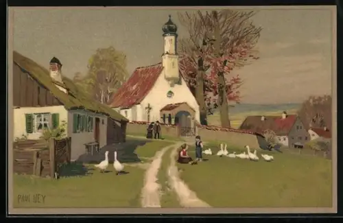 Künstler-Lithographie Paul Hey: Mädchen hütet ihre Gänse auf der Wiese vor der Kirche