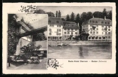 AK Baden, Bad-Hotel Sternen vom Wasser aus gesehen