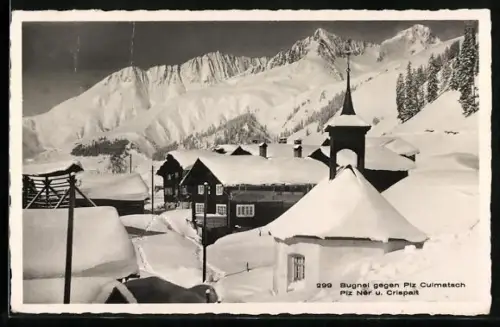 AK Bugnei, Ortspartie gegen Piz Culmatsch, Piz Nér und Crispalt im Schnee