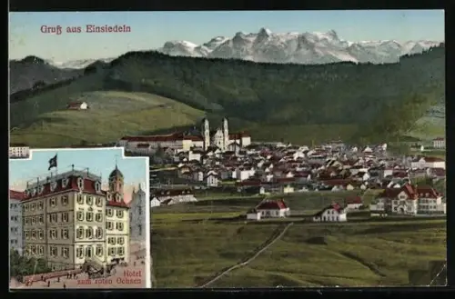 AK Einsiedeln, Hotel zum roten Ochsen, Teilansicht mit Kloster