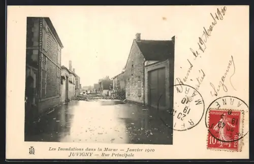 AK Juvigny, Inondations dans la Marne 1910, Rue Principale
