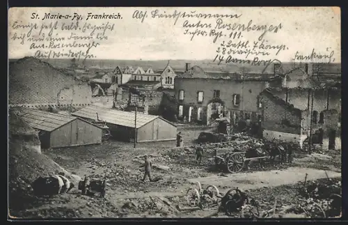 AK St. Marie-à-Py, la ville entièrement détruite par les bombardements, soldats