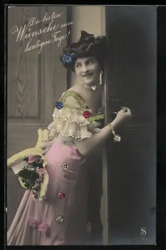 Foto-AK L.J. & F.F. Nr. 2248/6: Fräulein im Kleid mit Blumen, Glückwunsch