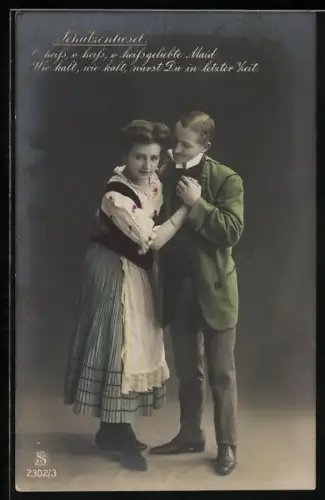 Foto-AK L.J. & F.F. Nr. 2302/3: Schatzenliesel, Heissgeliebte Maid, Wie kalt warst Du in letzter Zeit
