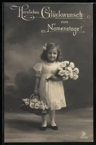 Foto-AK L.J. & F.F. Nr. 3348/3: Kleines Mädchen mit Blumenkorb, Glückwunsch zum Namenstag