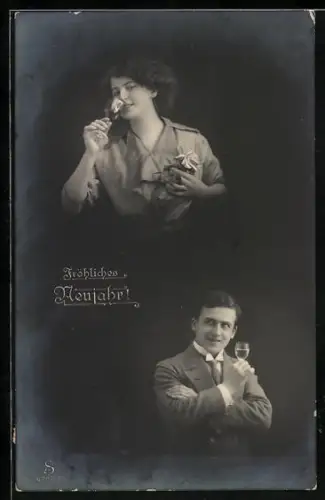 Foto-AK L.J. & F.F. Nr. 4287/3: Herr und Dame trinken Sekt, Neujahrsgruss