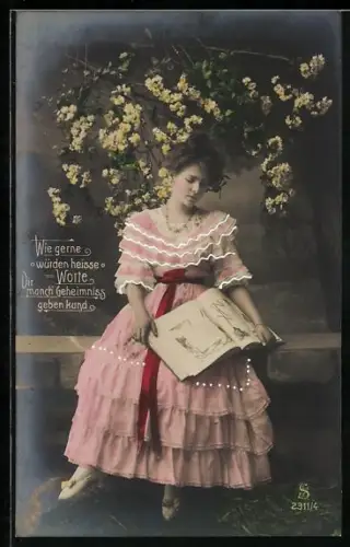 Foto-AK L.J. & F.F. Nr. 2311/4: Fräulein im Kleid mit Buch