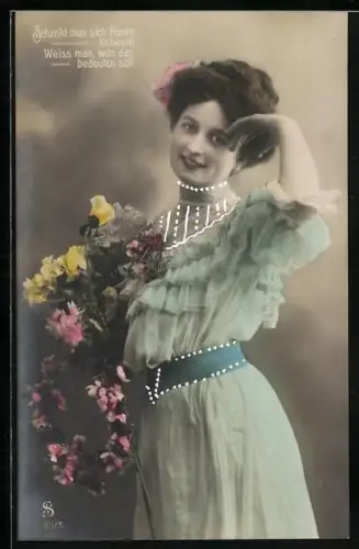 Glitzer-Perl-AK Dame in gelben Kleid mit Blumen