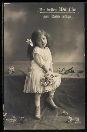 Foto-AK L.J. & F.F. Nr. 3057/5: Mädchen im Kleid mit Blumen, Glückwunsch zum Namenstag