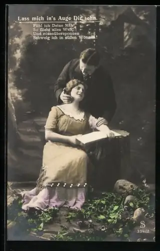 Foto-AK L.J. & F.F. Nr. 3341/2: Lass mich in`s Auge Dir sehn, Fühl ich Deine Näh`..., Paar mit Buch