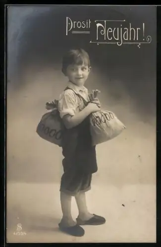 Foto-AK L.J. & F.F. Nr. 4253/4: Junge mit Geldsäcken, Neujahrsgruss