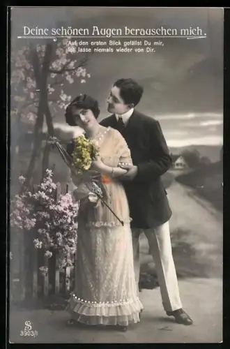 Foto-AK L.J. & F.F. Nr. 3903/1: Deine schönen Augen berauschen mich, Auf den ersten Blick..., Liebespaar