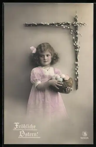 Foto-AK L.J. & F.F. Nr. 5053/4: Mädchen mit Ostereiern, Ostergruss