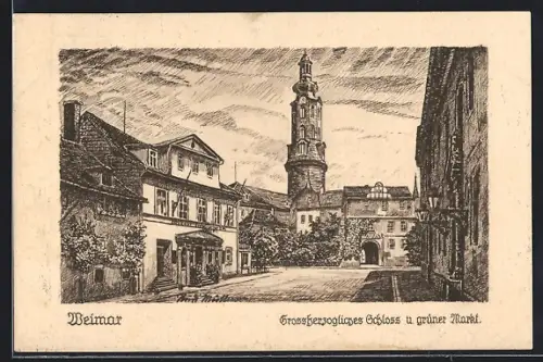 Künstler-AK Weimar / Thür., Grossherzogliches Schloss u. grüner Markt