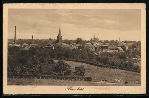 AK Burscheid / Bergisches Land, Ortsansicht mit Kirche und Fabrikschornstein