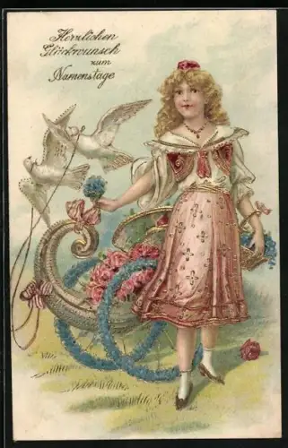 Präge-AK Mädchen gratuliert mit Blumen und weissen Tauben zum Namenstag