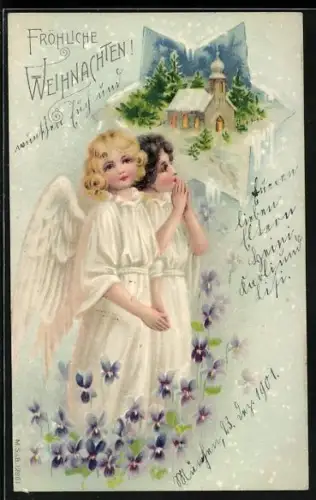 Lithographie Weihnachtsengel vor verschneiter Kirche, Veilchen, Fröhliche Weihnachten