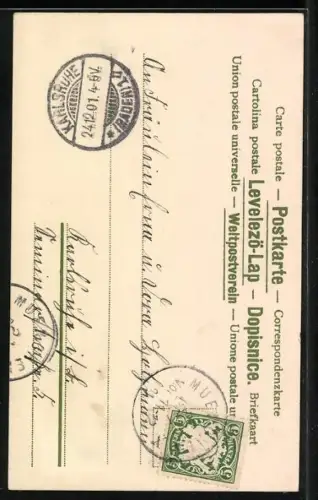 Lithographie Weihnachtsengel vor verschneiter Kirche, Veilchen, Fröhliche Weihnachten