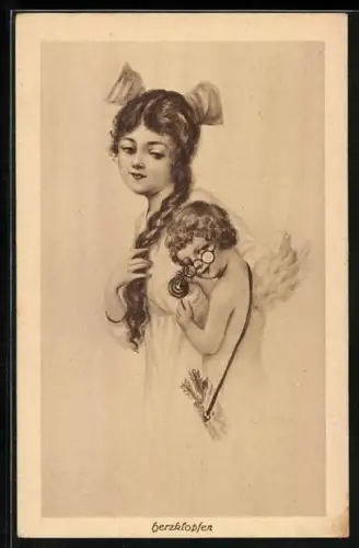 Künstler-AK Amor als Arzt horcht nach dem Herzschlag einer Frau